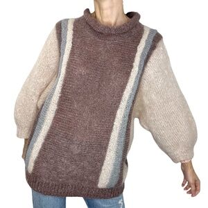 Vintage 80s hand knit Elizabeth Richards wool mohair pink grey batwing sweater
